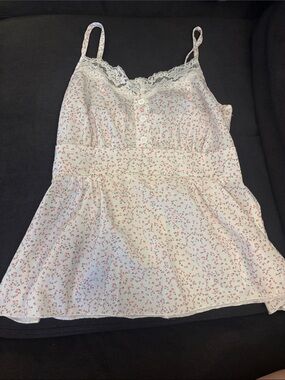 ROMWE White Floral Lace-Trim Cami with Pink Ditsy Print